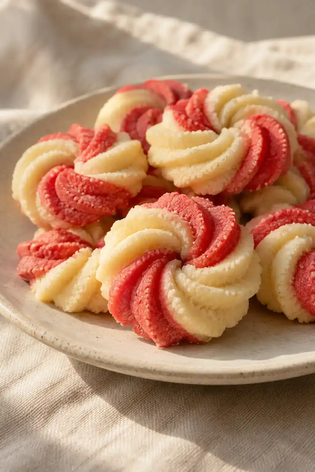 A batch of candy cane spritz cookies arranged on a ceramic plate.