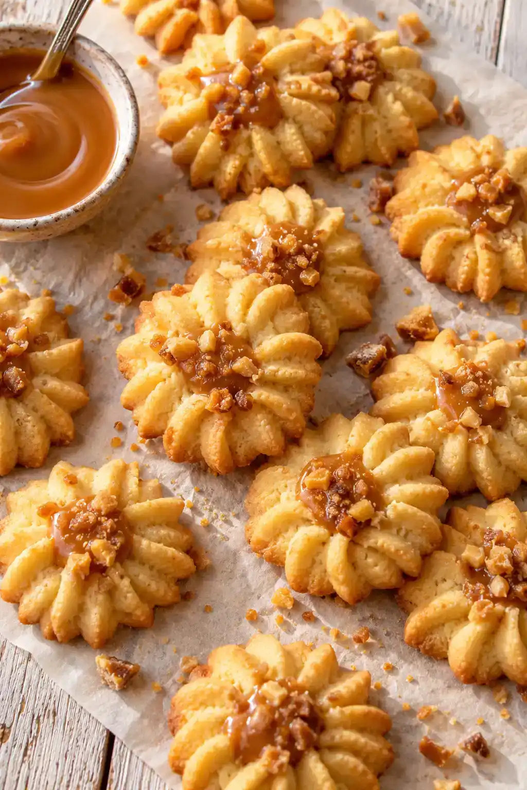 A batch of caramel-dipped spritz cookies arranged on a ceramic plate.