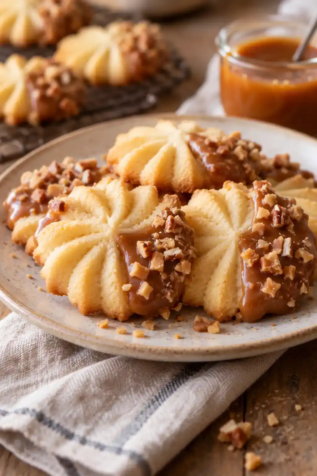 A batch of caramel spritz cookies arranged on a ceramic plate.