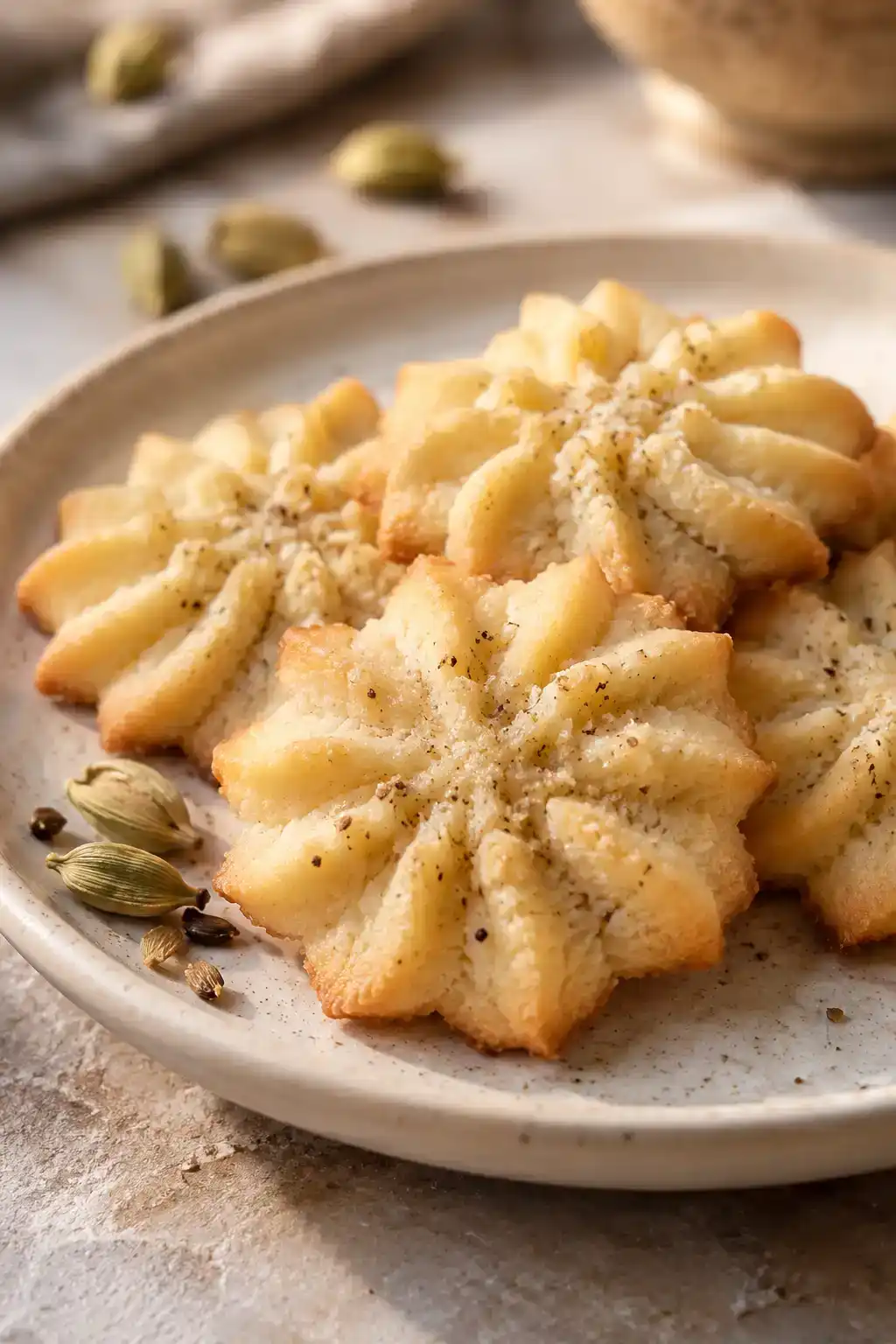 A batch of cardamom spritz cookies arranged on a ceramic plate.