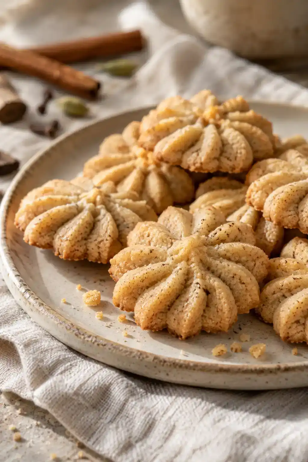 A batch of chai spice spritz cookies arranged on a ceramic plate.