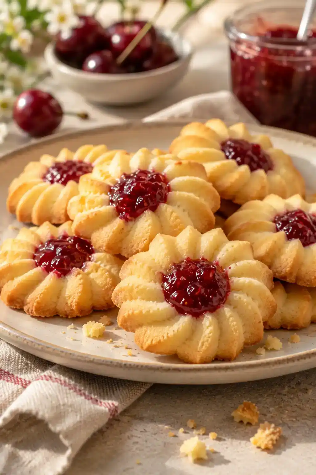 A batch of cherry jam spritz cookies arranged on a ceramic plate.