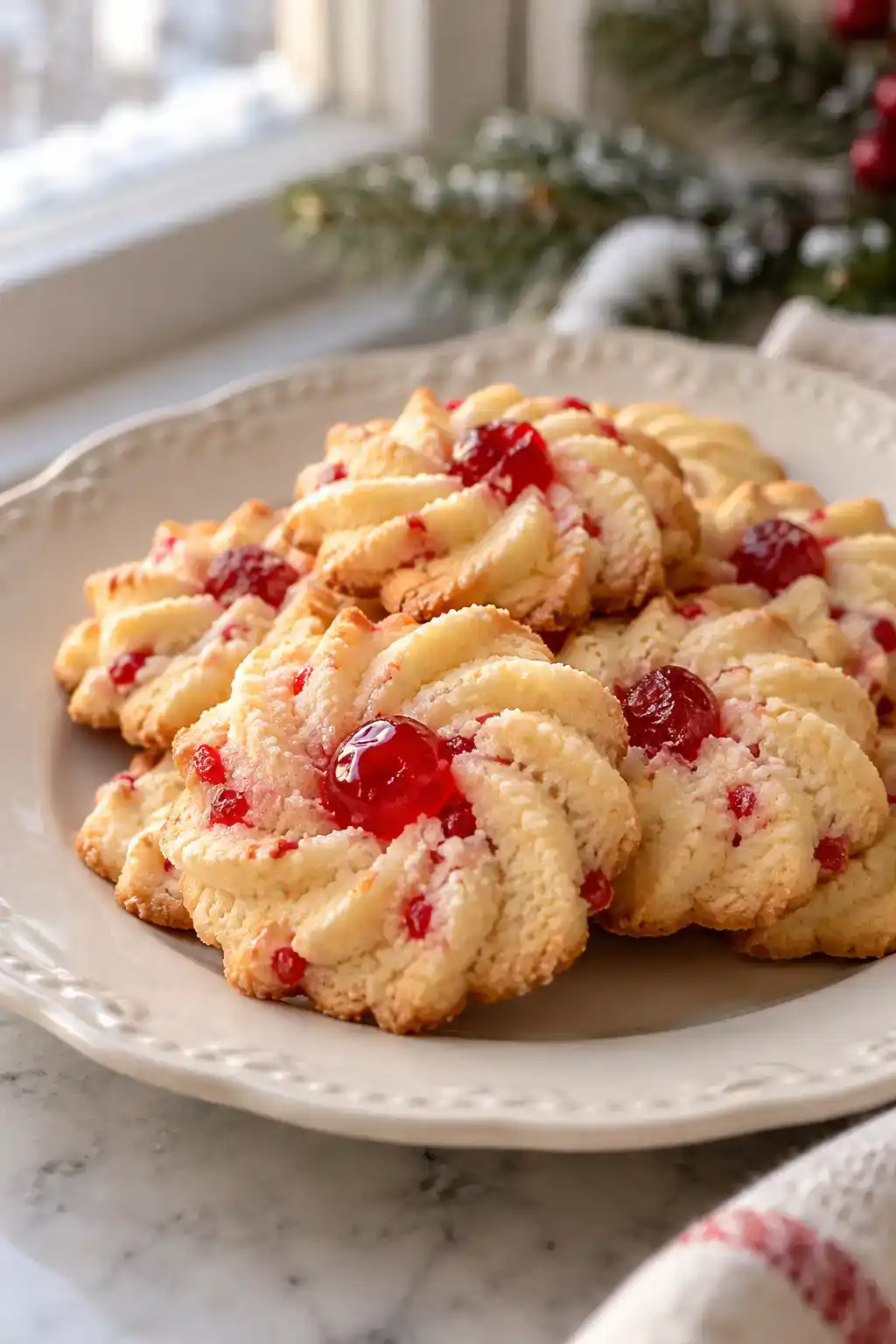 A batch of cherry spritz cookies arranged on a ceramic plate.