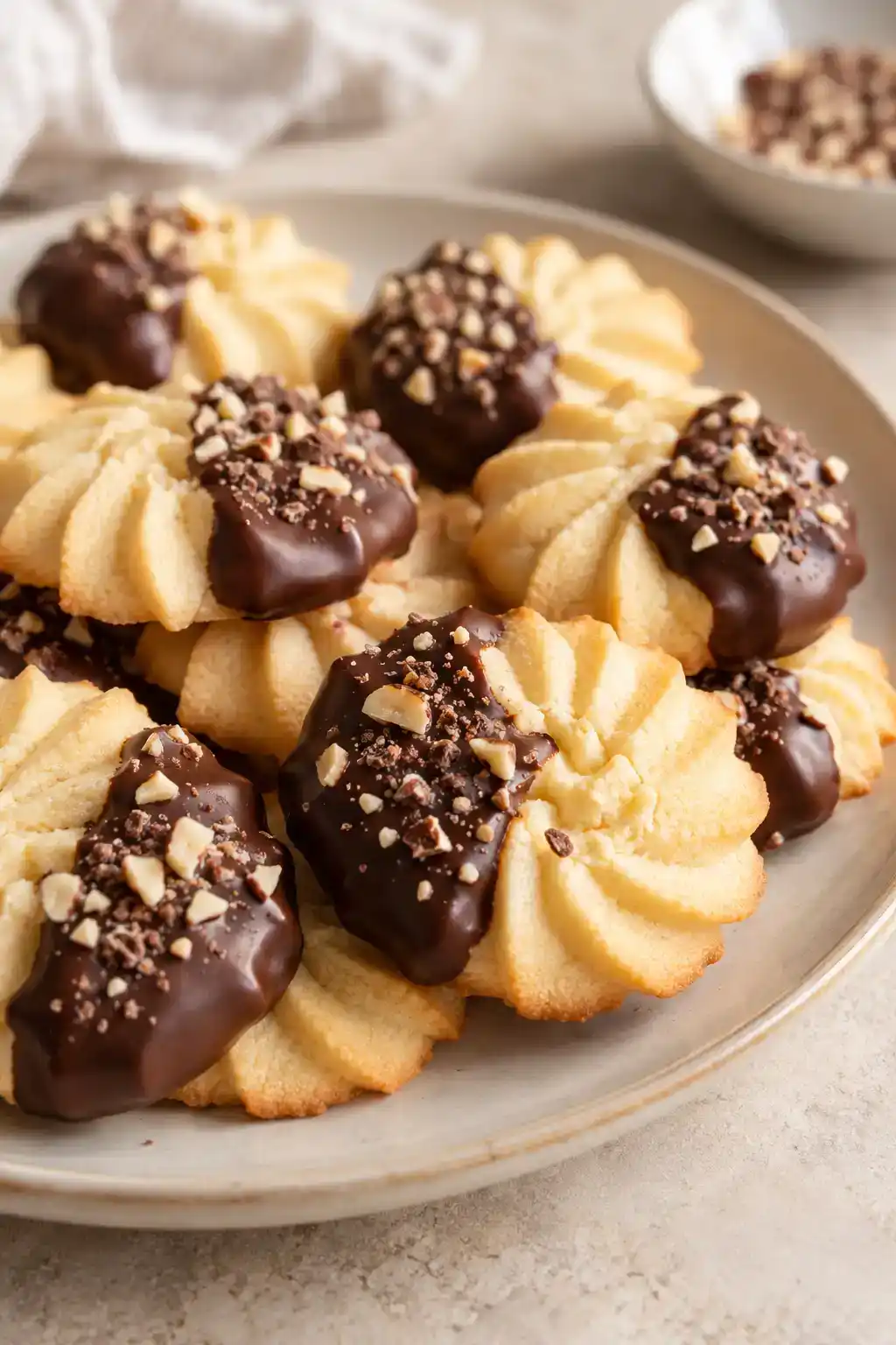 A batch of chocolate-dipped spritz cookies arranged on a ceramic plate.