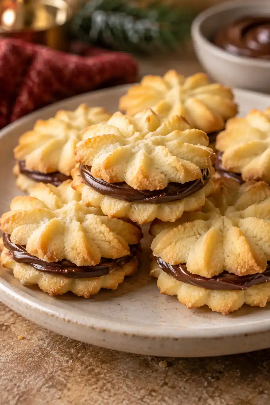 A batch of chocolate-filled spritz sandwich cookies arranged on a ceramic plate.