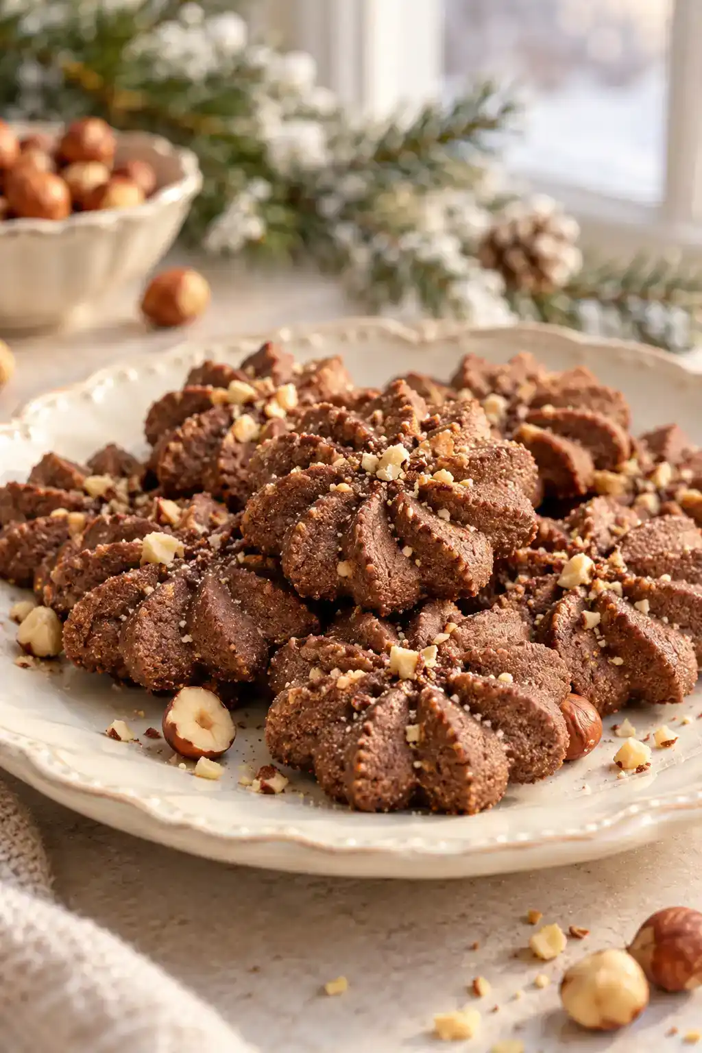 A batch of chocolate hazelnut spritz cookies arranged on a ceramic plate.