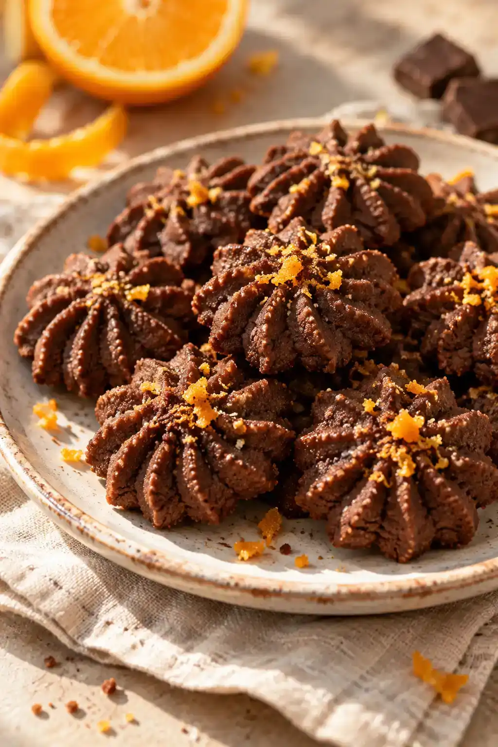 A batch of chocolate orange spritz cookies arranged on a ceramic plate.
