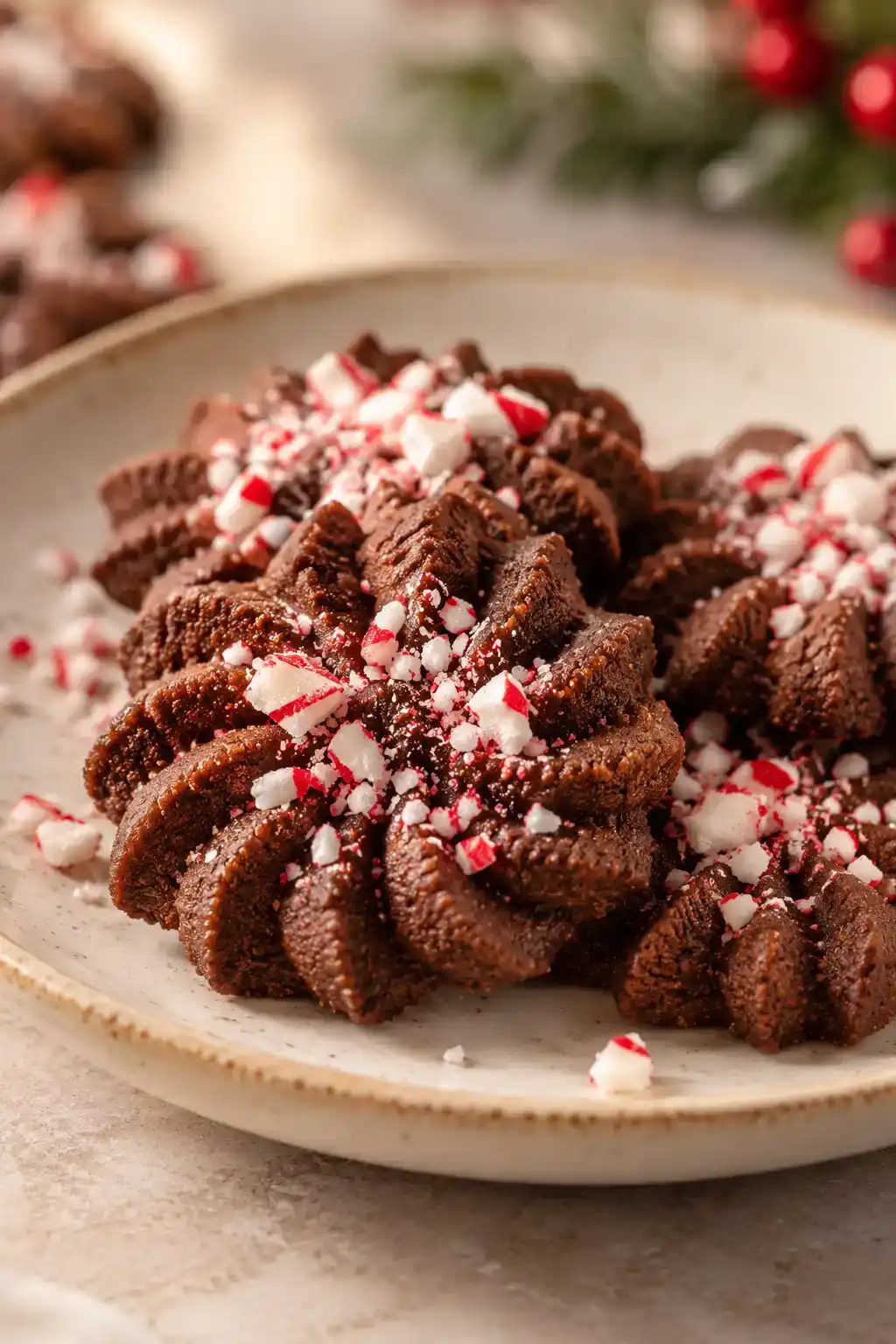 A batch of chocolate peppermint spritz cookies arranged on a ceramic plate.