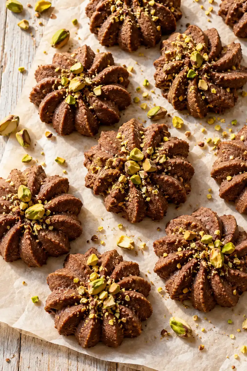 A batch of chocolate pistachio spritz cookies arranged on a ceramic plate.