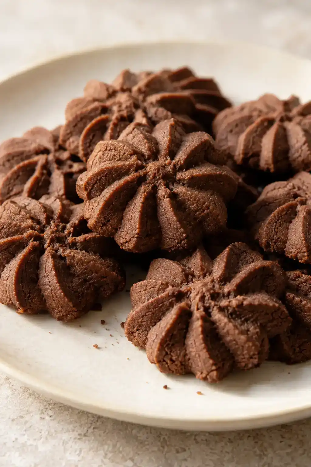 A batch of chocolate spritz cookies arranged on a ceramic plate.