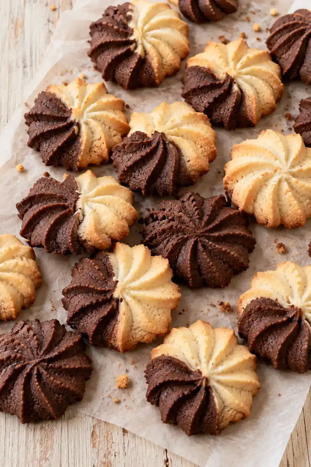 A batch of chocolate vanilla spritz cookies arranged on a ceramic plate.