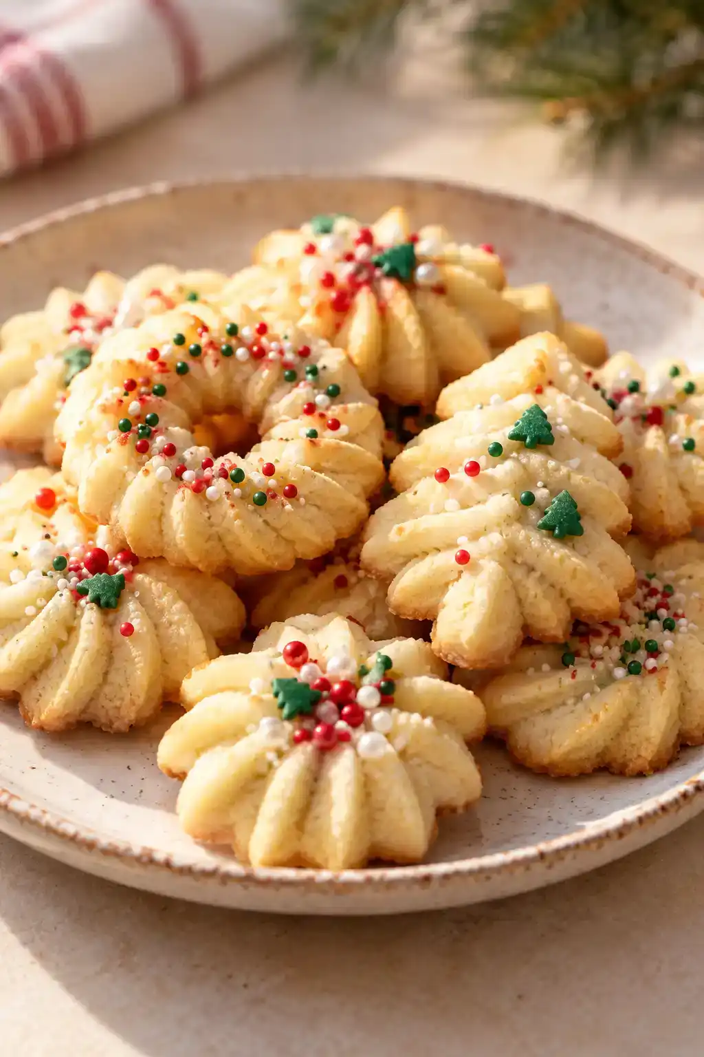 A batch of christmas butter spritz cookies arranged on a ceramic plate.