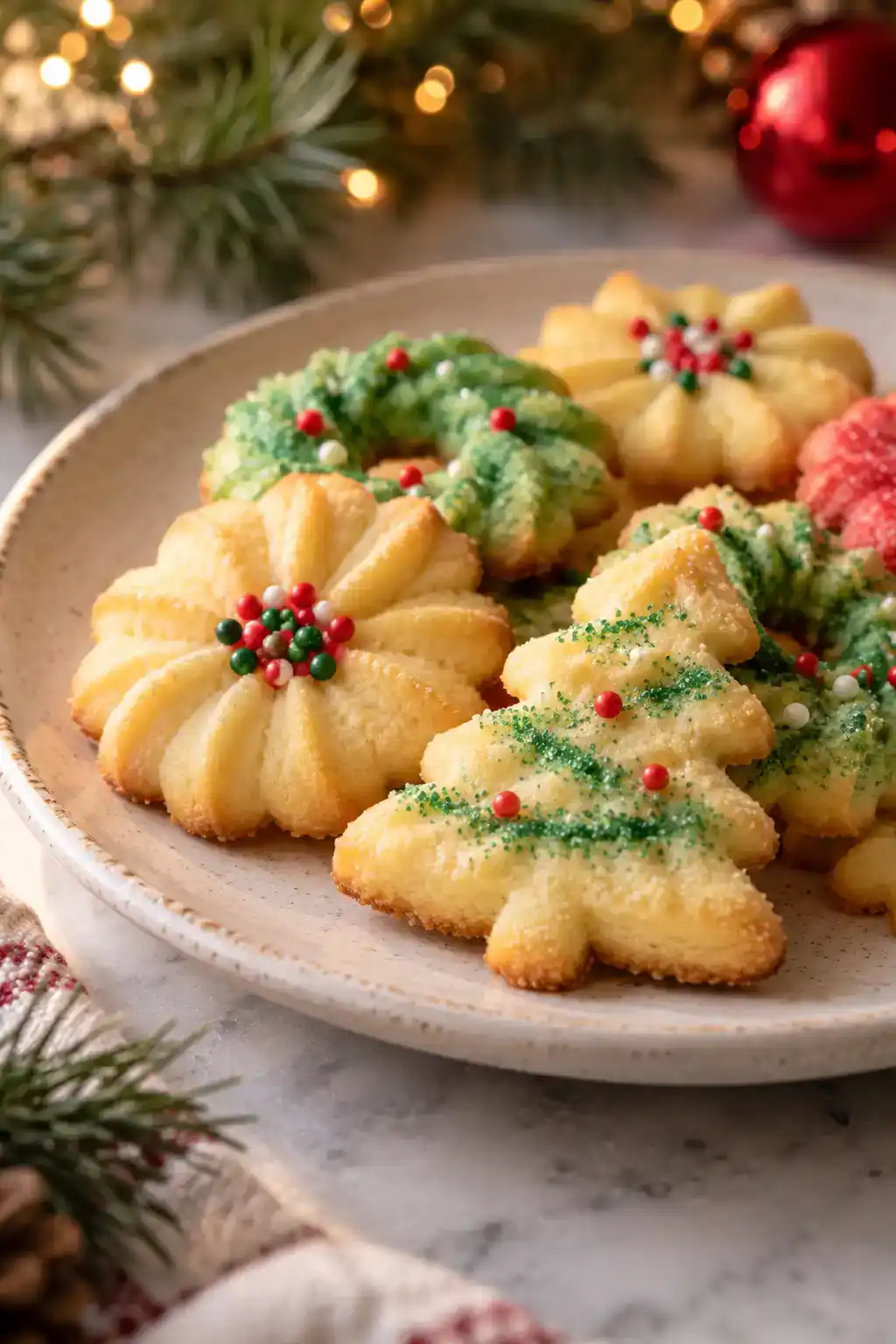 A batch of christmas cookie press cookies arranged on a ceramic plate.