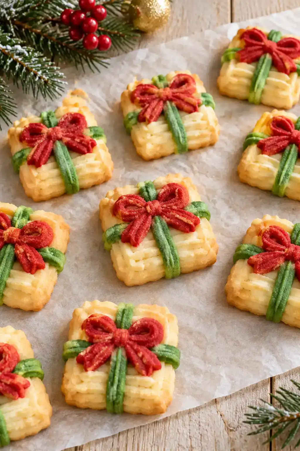 A batch of christmas present spritz cookies arranged on a ceramic plate.