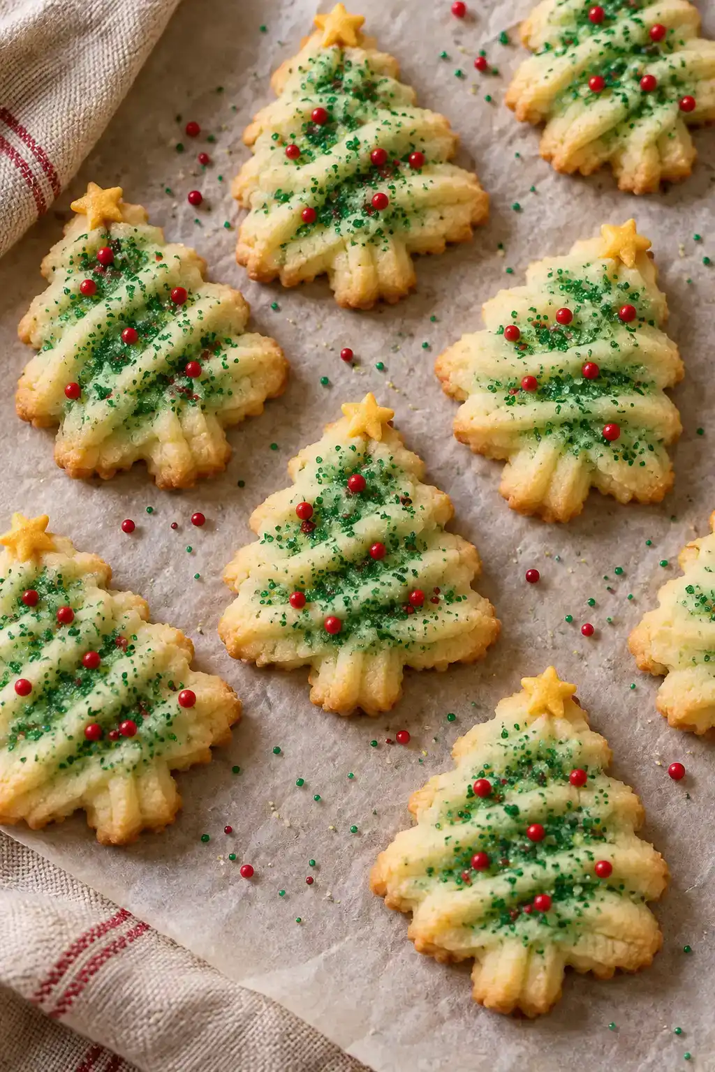 A batch of christmas tree spritz cookies arranged on a ceramic plate.