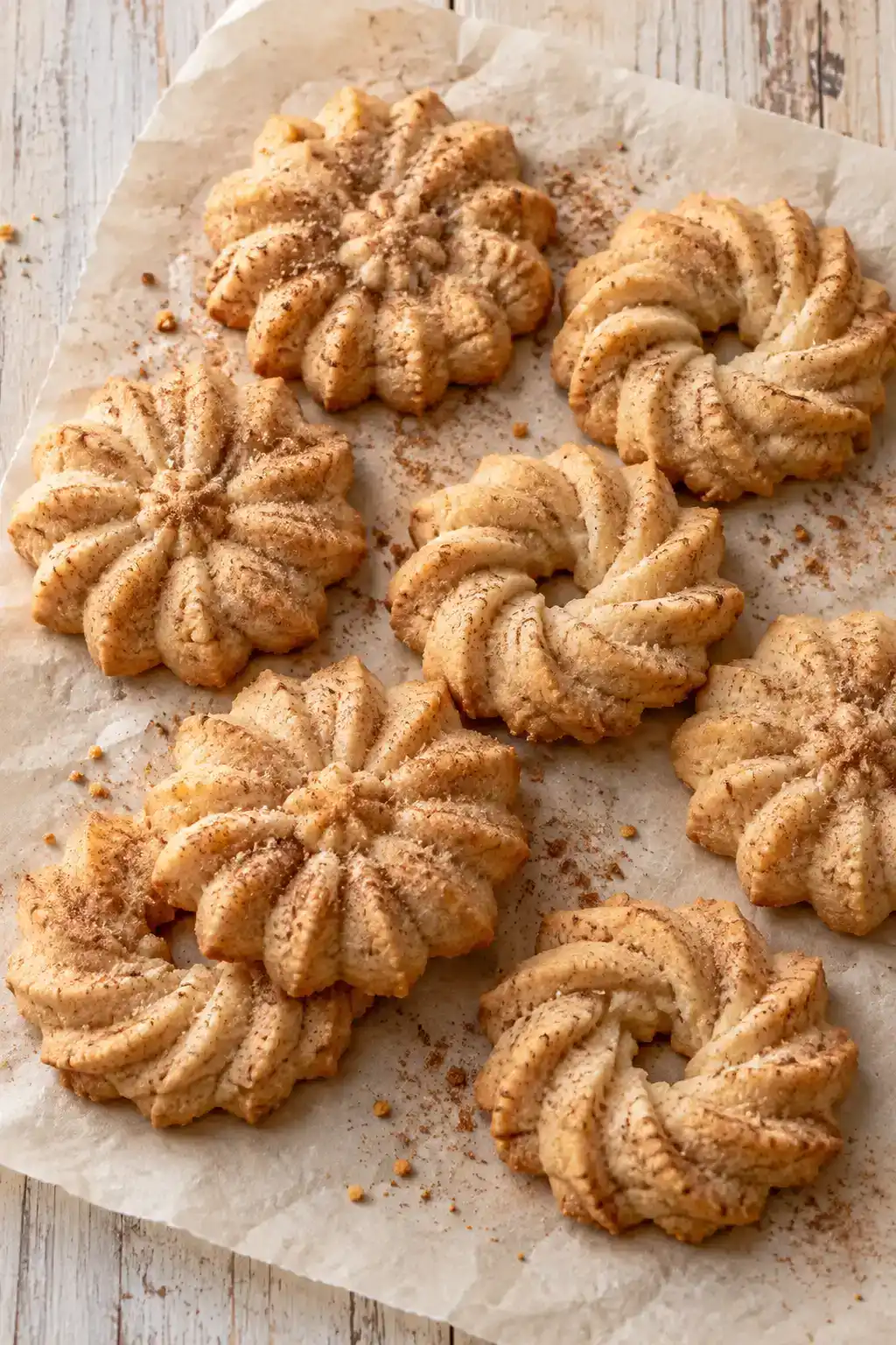 A batch of cinnamon spritz cookies arranged on a ceramic plate.