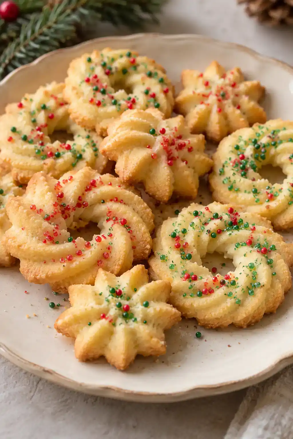 A batch of classic christmas spritz cookies arranged on a ceramic plate.