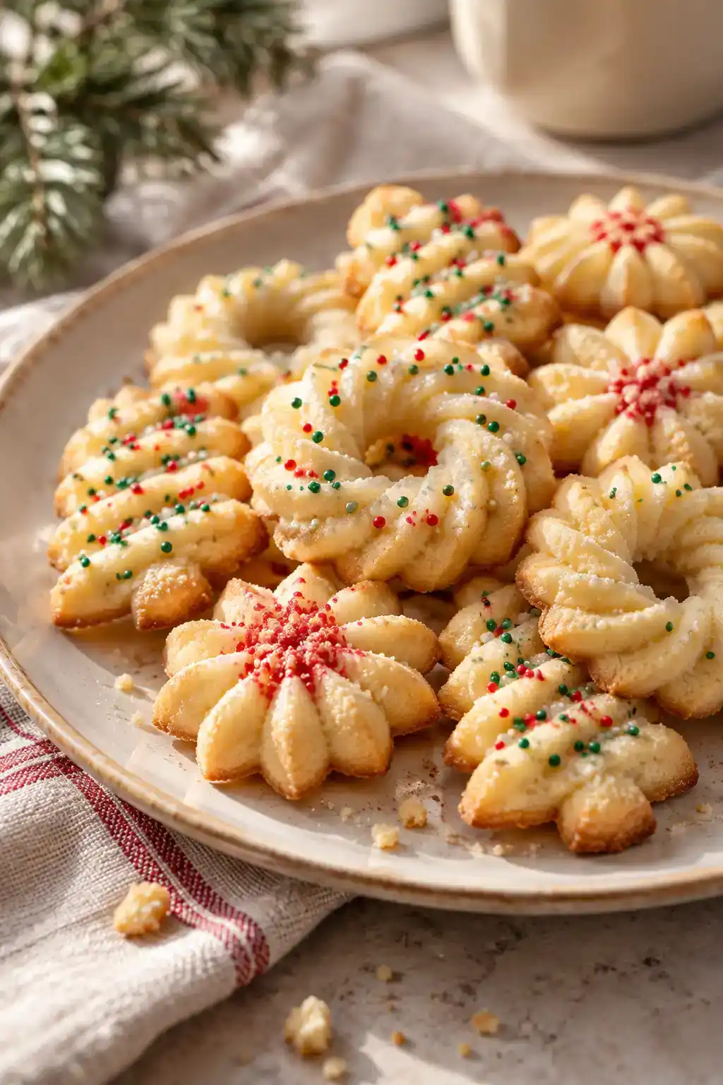 A batch of classic cookie press cookies arranged on a ceramic plate.