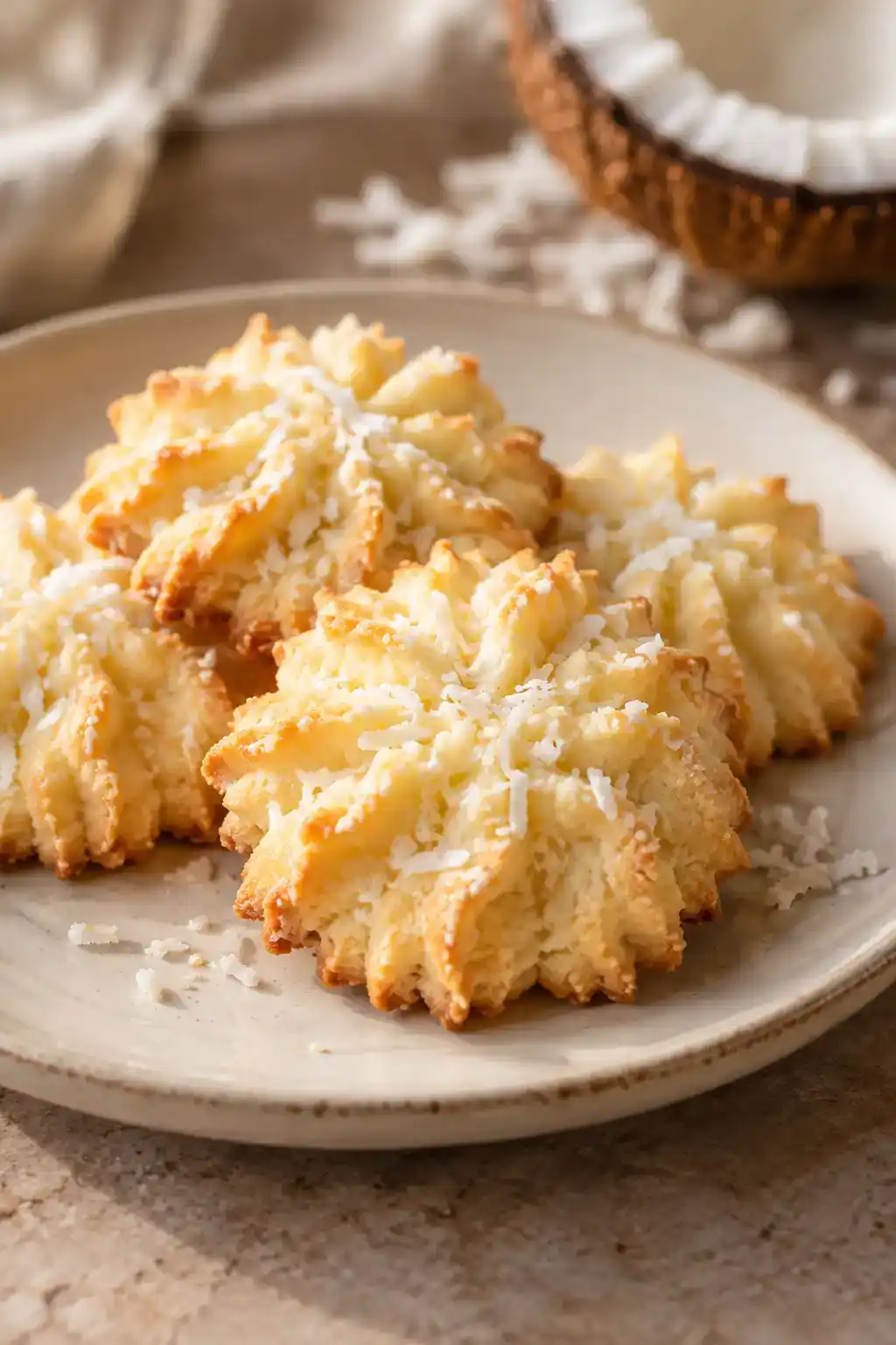 A batch of coconut spritz cookies arranged on a ceramic plate.