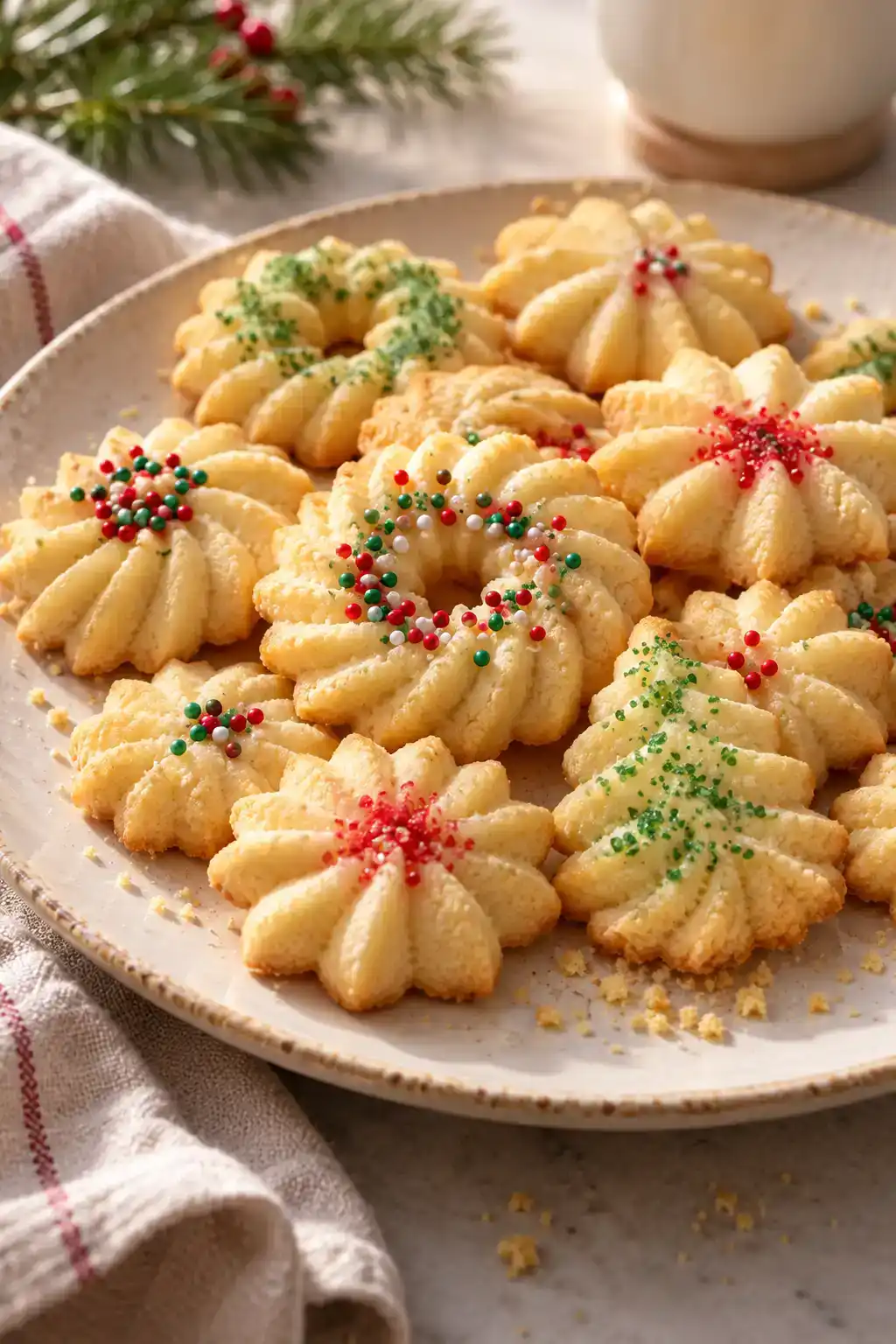 A batch of cookie press butter cookies arranged on a ceramic plate.