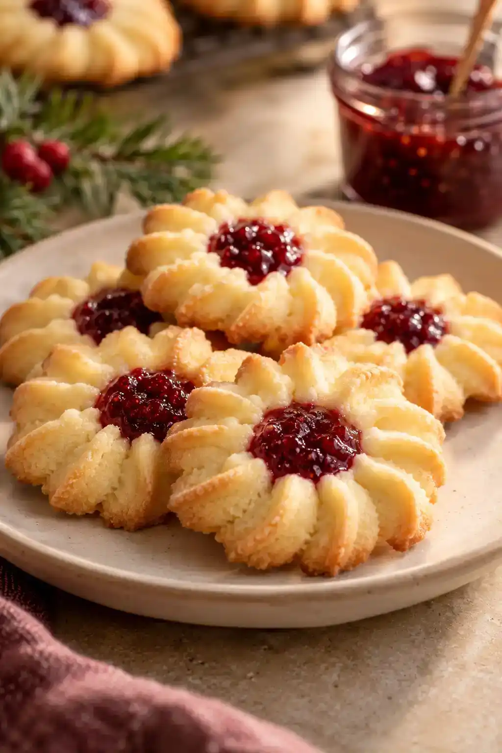 A batch of cranberry jam spritz cookies arranged on a ceramic plate.