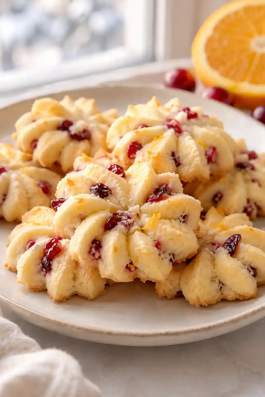 A batch of cranberry orange spritz cookies arranged on a ceramic plate.