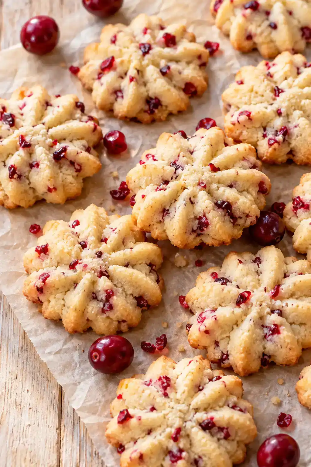 A batch of cranberry spritz cookies arranged on a ceramic plate.