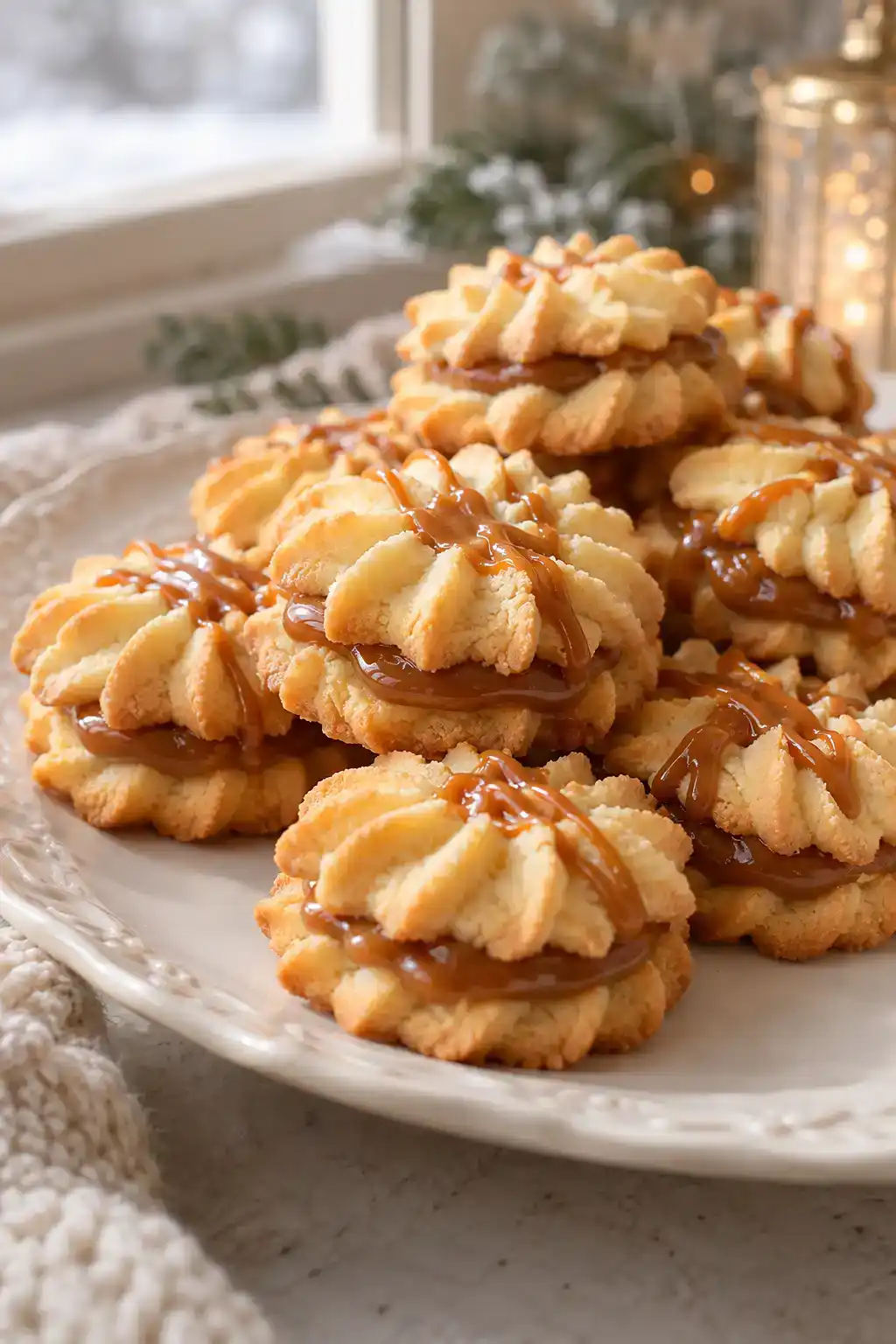 A batch of cream cheese spritz cookies arranged on a ceramic plate.