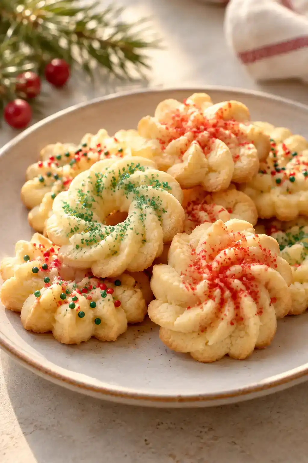 A batch of crisp spritz cookies arranged on a ceramic plate.