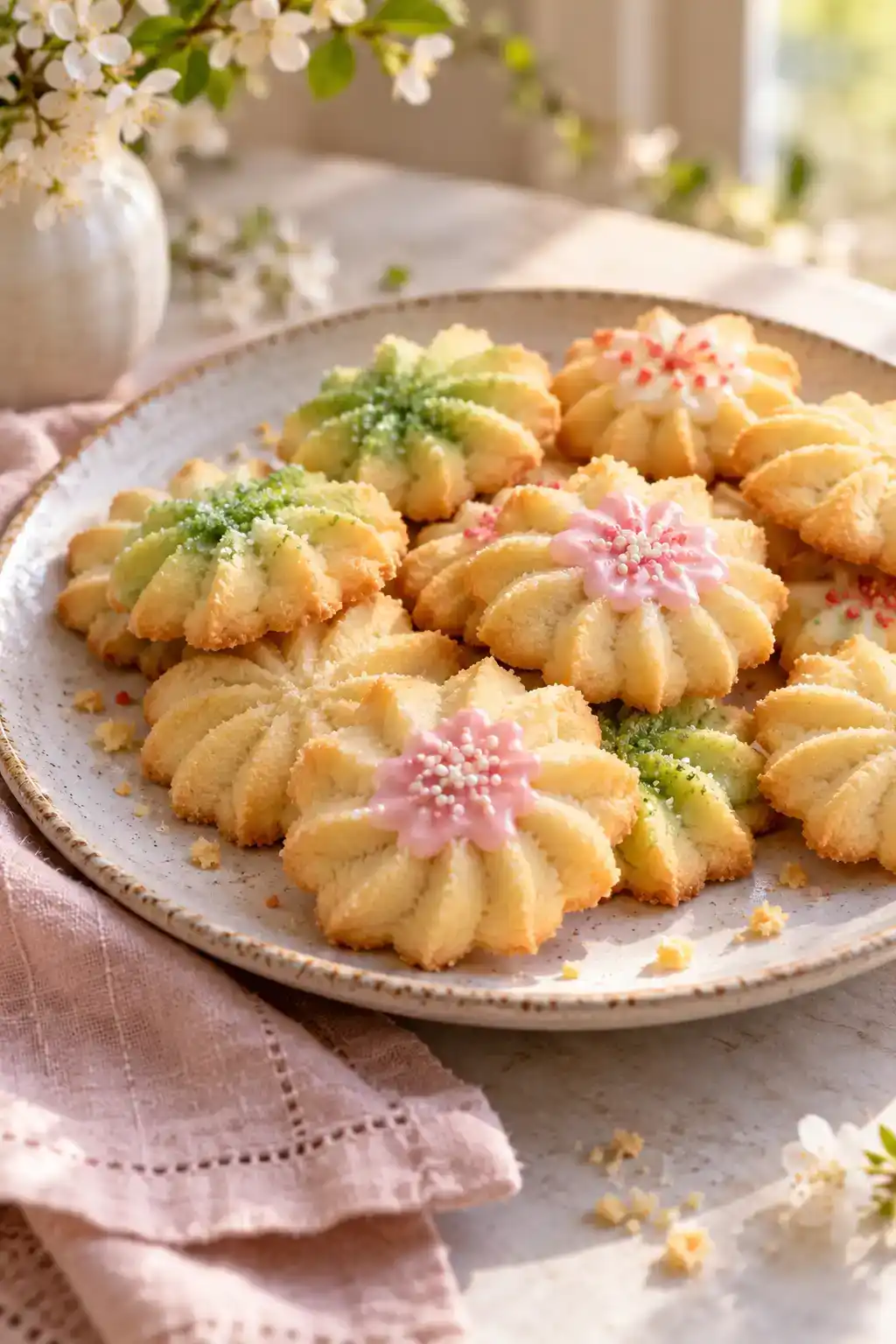 A batch of dairy-free spritz cookies arranged on a ceramic plate.