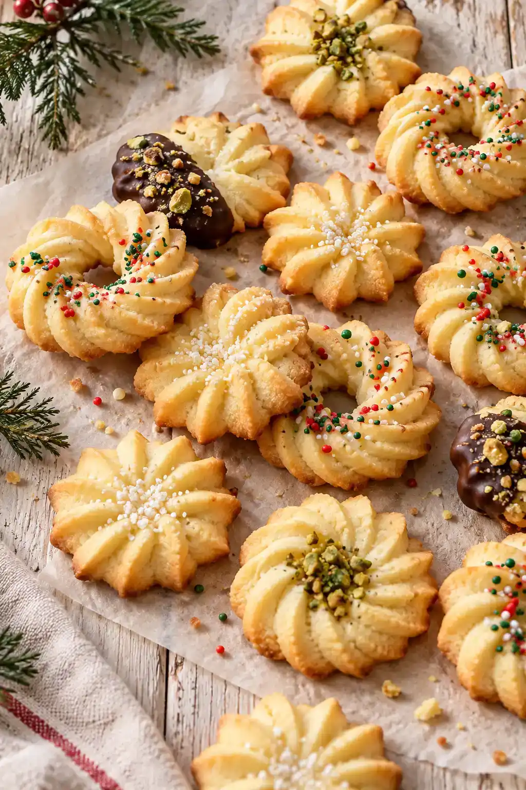 A batch of danish butter cookie spritz arranged on a ceramic plate.