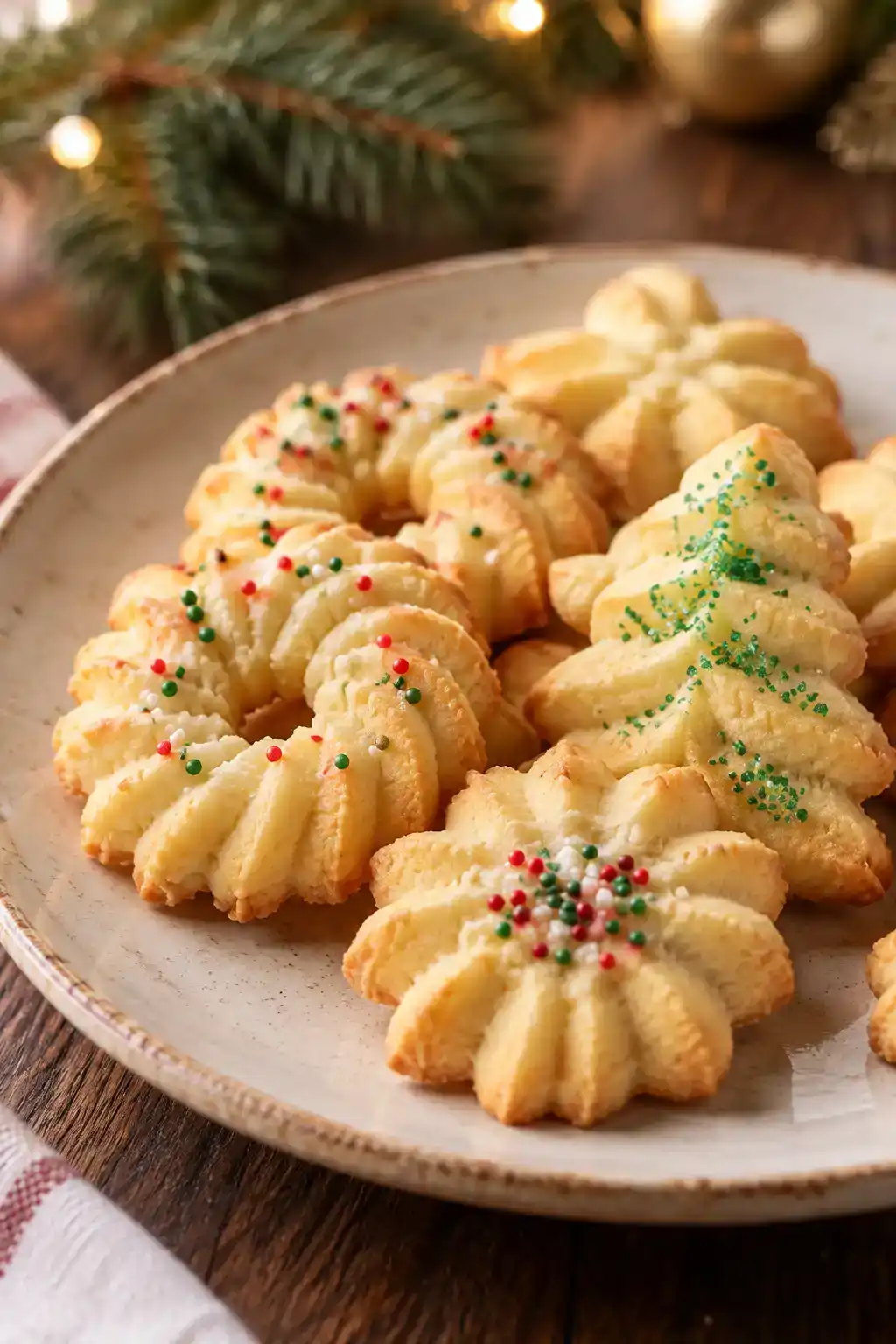 A batch of danish-style spritz cookies arranged on a ceramic plate.