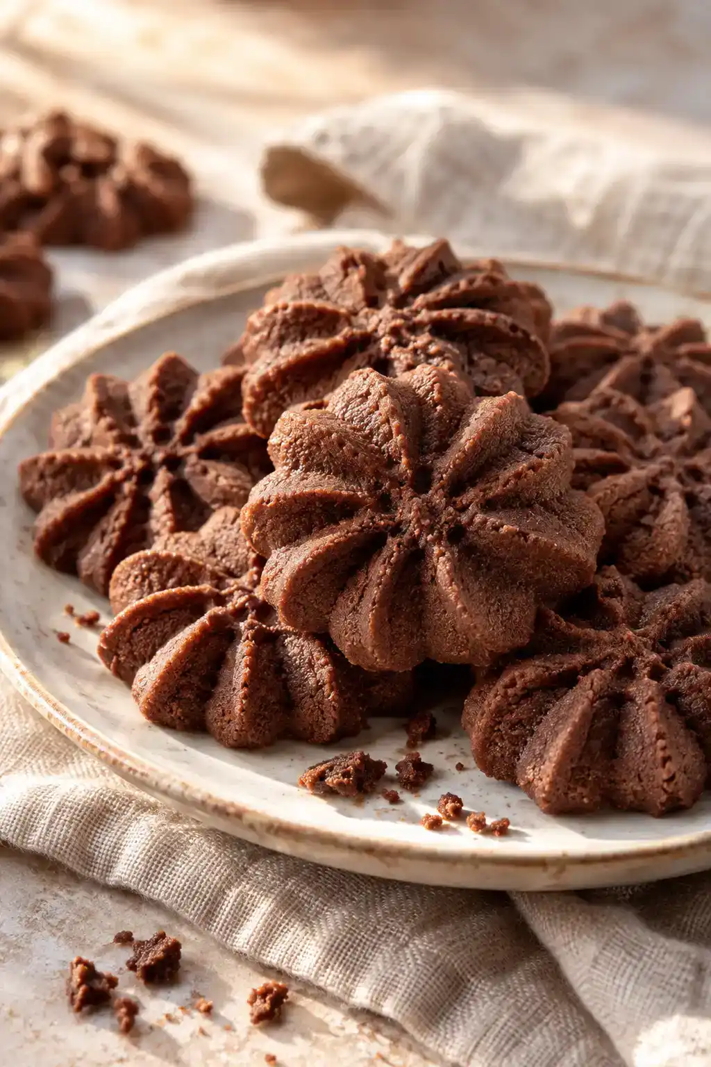 A batch of dark chocolate spritz cookies arranged on a ceramic plate.