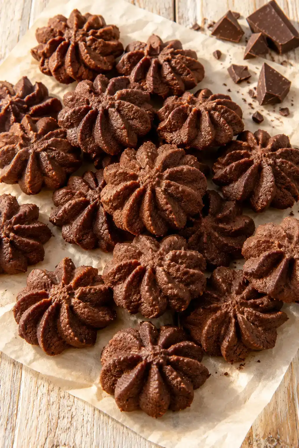 A batch of double chocolate spritz cookies arranged on a ceramic plate.