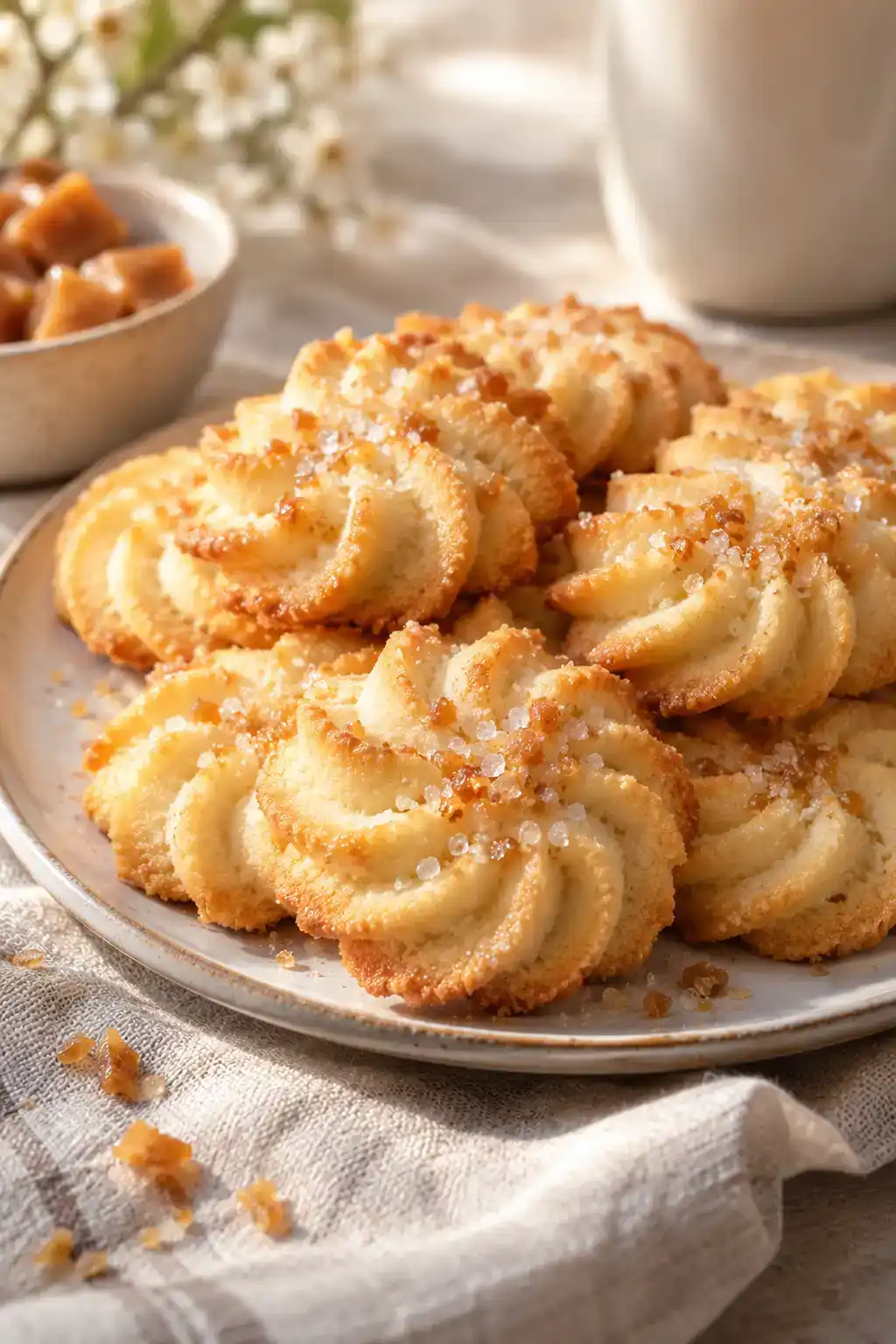 A batch of dulce de leche spritz cookies arranged on a ceramic plate.