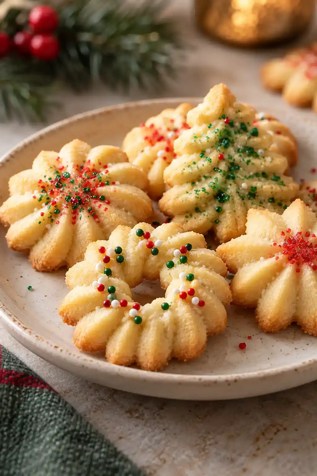A batch of easy cookie press spritz cookies arranged on a ceramic plate.