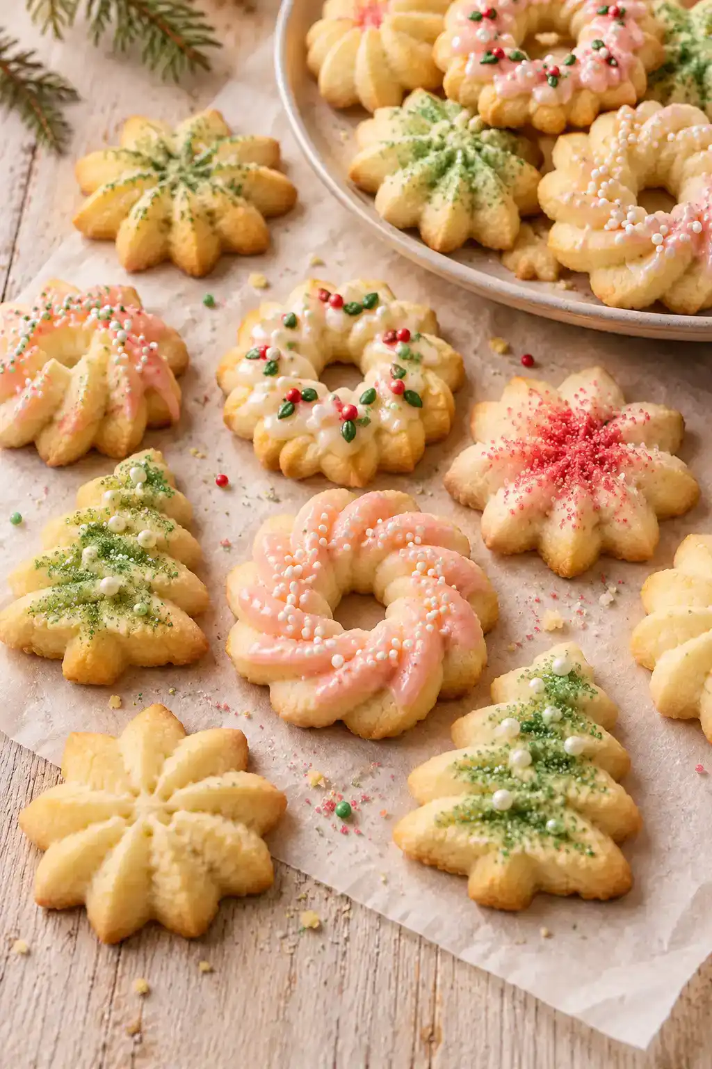 A batch of eggless spritz cookies arranged on a ceramic plate.