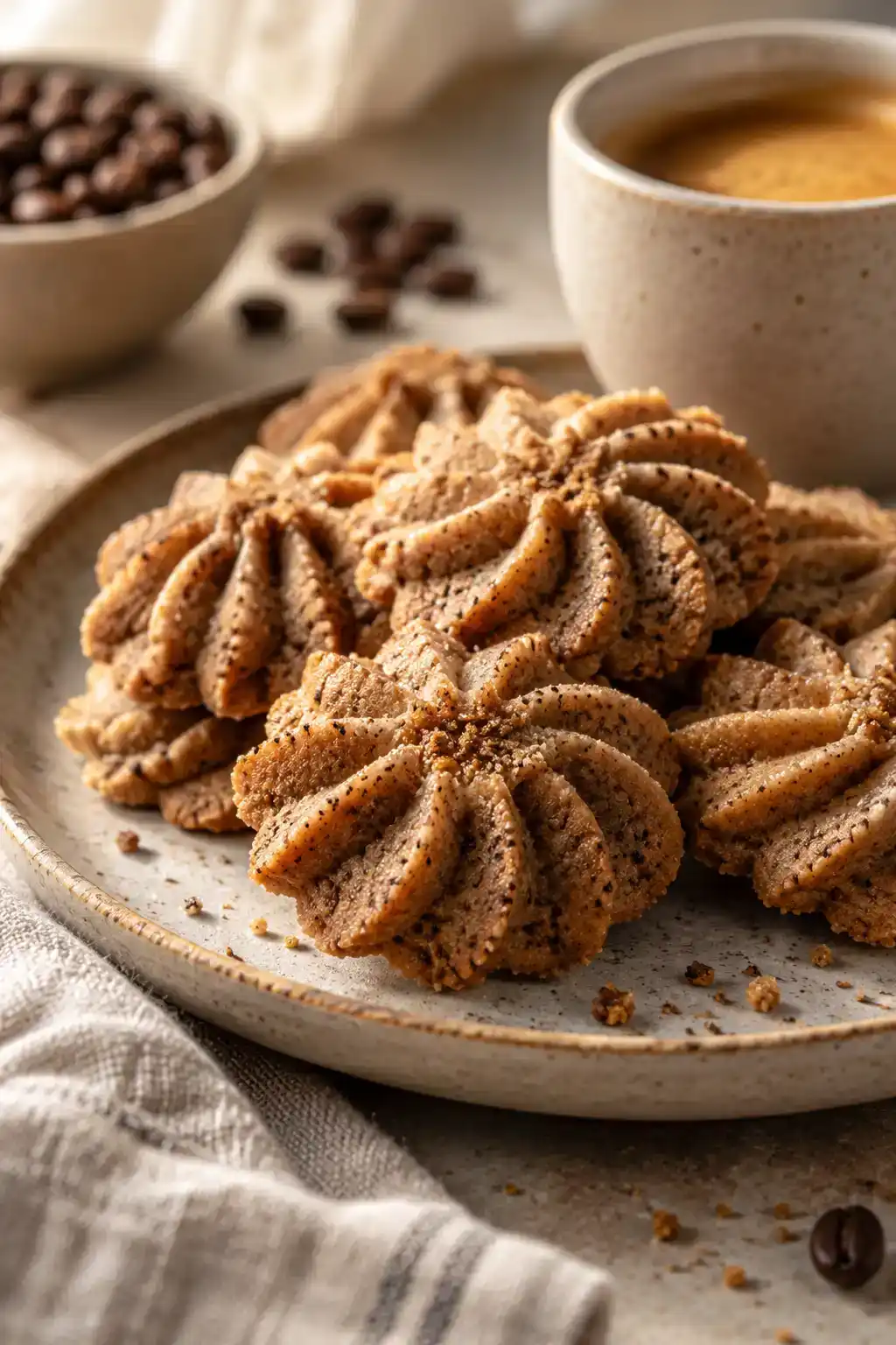 A batch of espresso spritz cookies arranged on a ceramic plate.