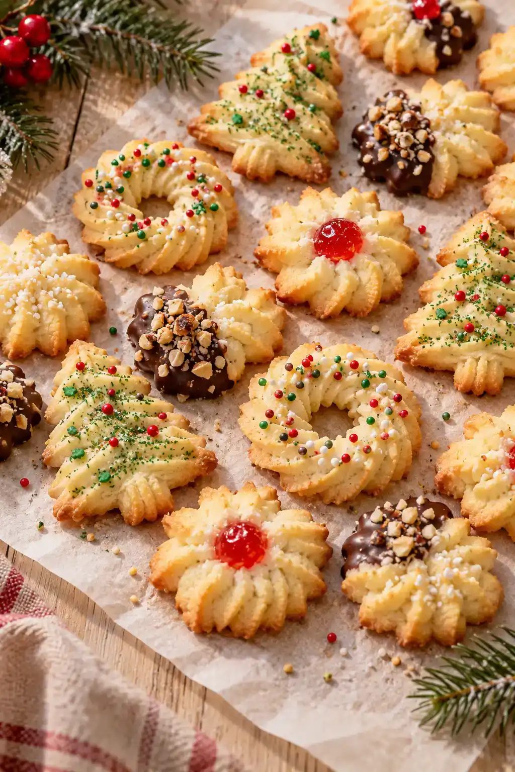 A batch of european christmas spritz cookies arranged on a ceramic plate.