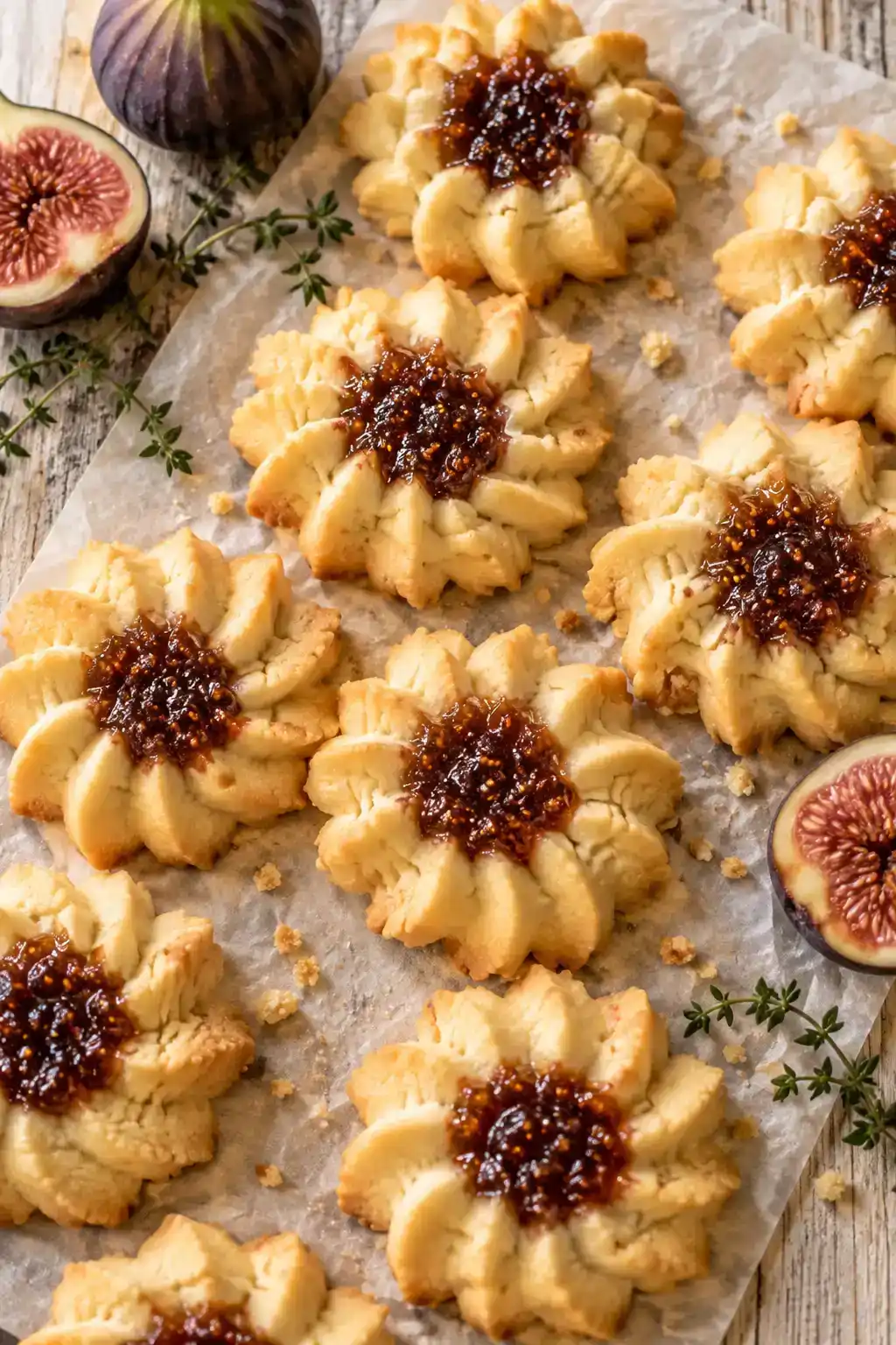 A batch of fig spritz cookies arranged on a ceramic plate.