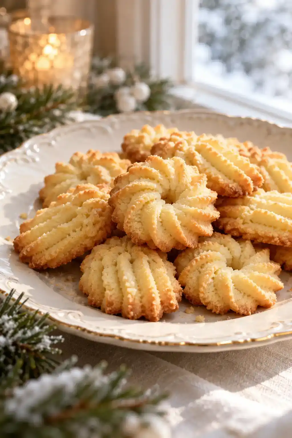 A batch of french butter spritz cookies arranged on a ceramic plate.