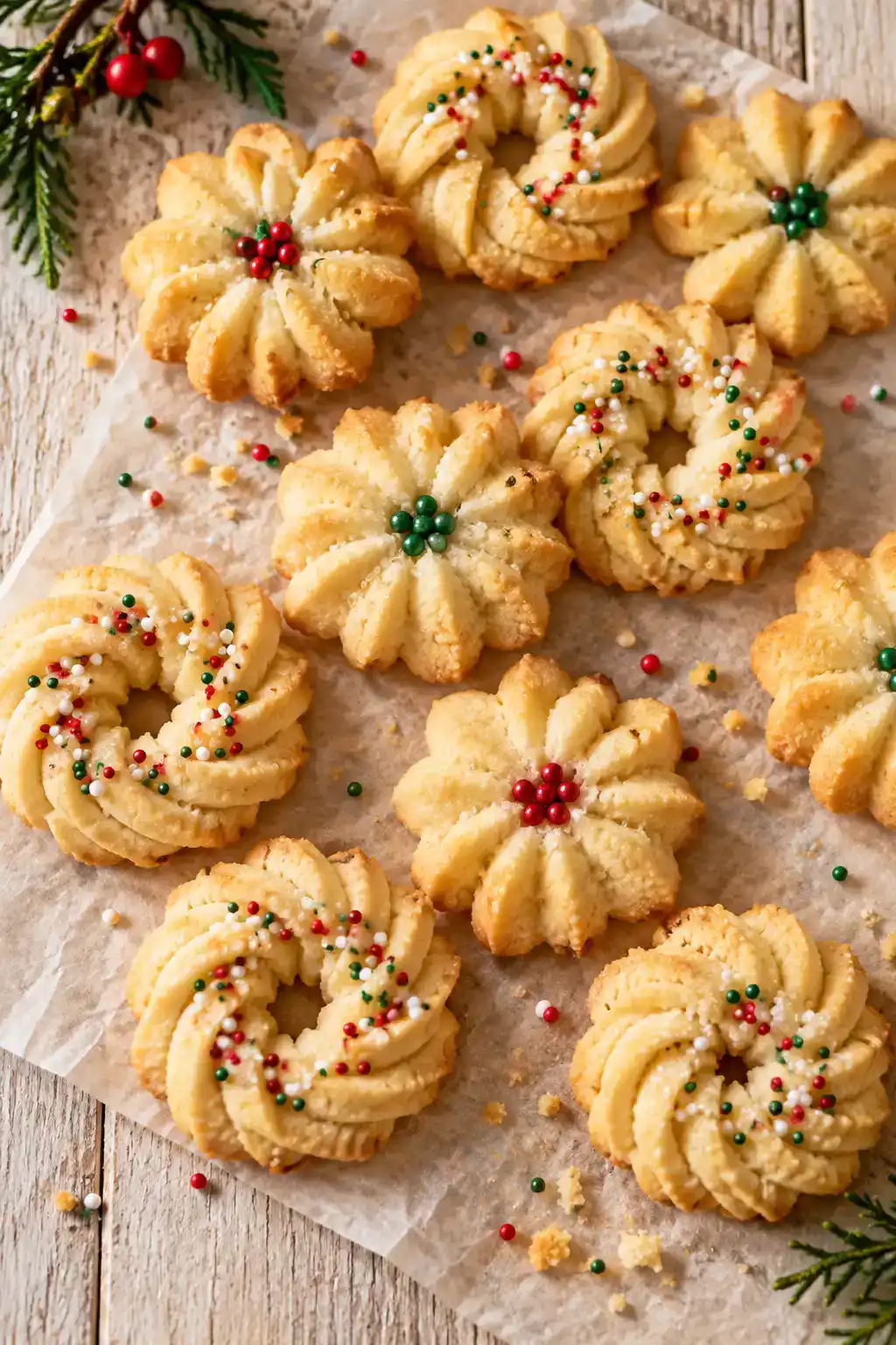 A batch of german spritz cookies arranged on a ceramic plate.