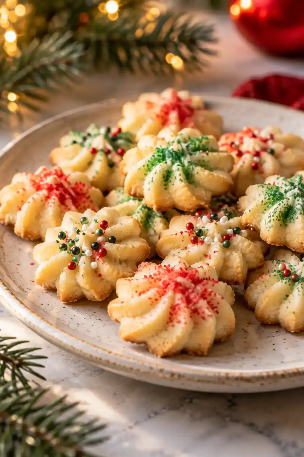 A batch of giant spritz cookies arranged on a ceramic plate.