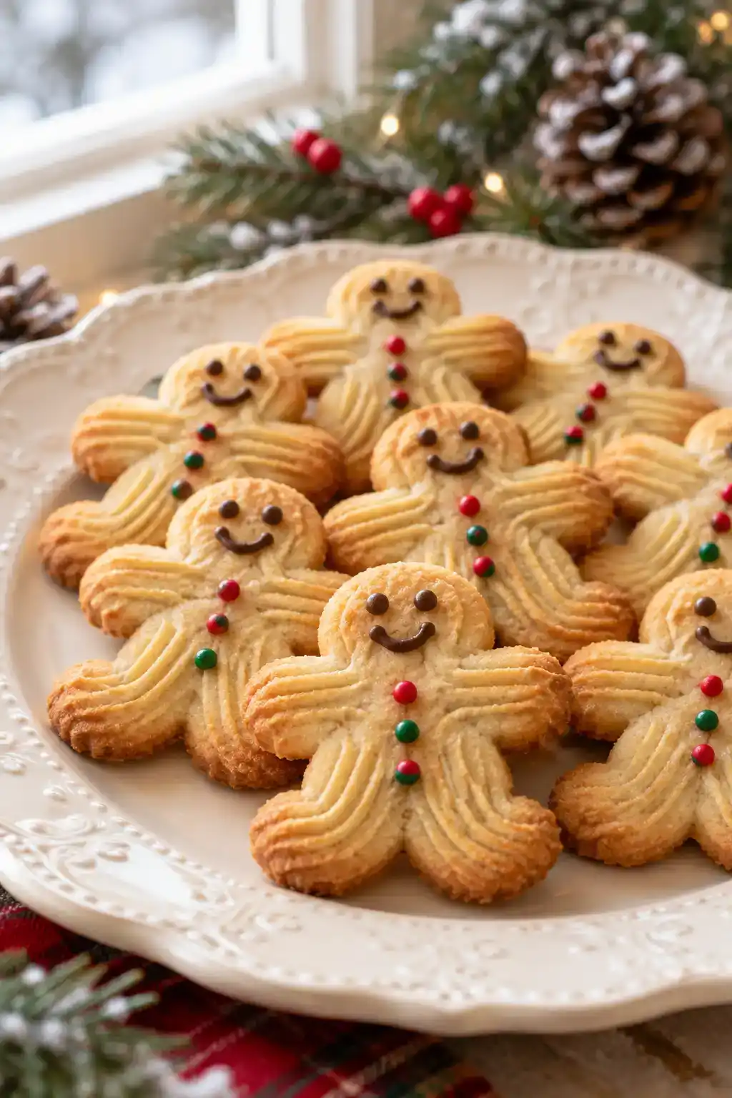A batch of gingerbread man spritz cookies arranged on a ceramic plate.