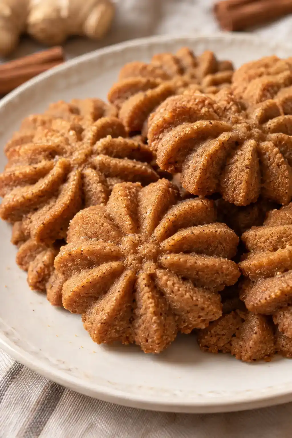 A batch of gingerbread spritz cookies arranged on a ceramic plate.