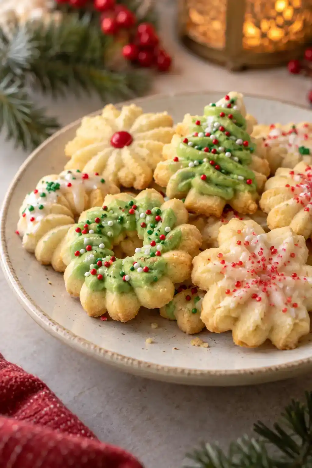 A batch of gluten-free christmas spritz cookies arranged on a ceramic plate.