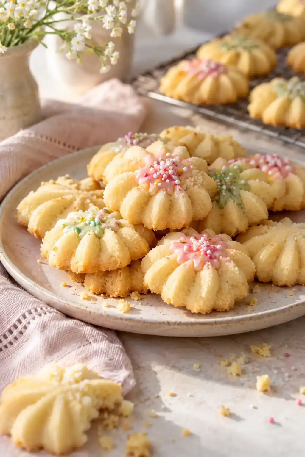 A batch of gluten-free spritz cookies arranged on a ceramic plate.