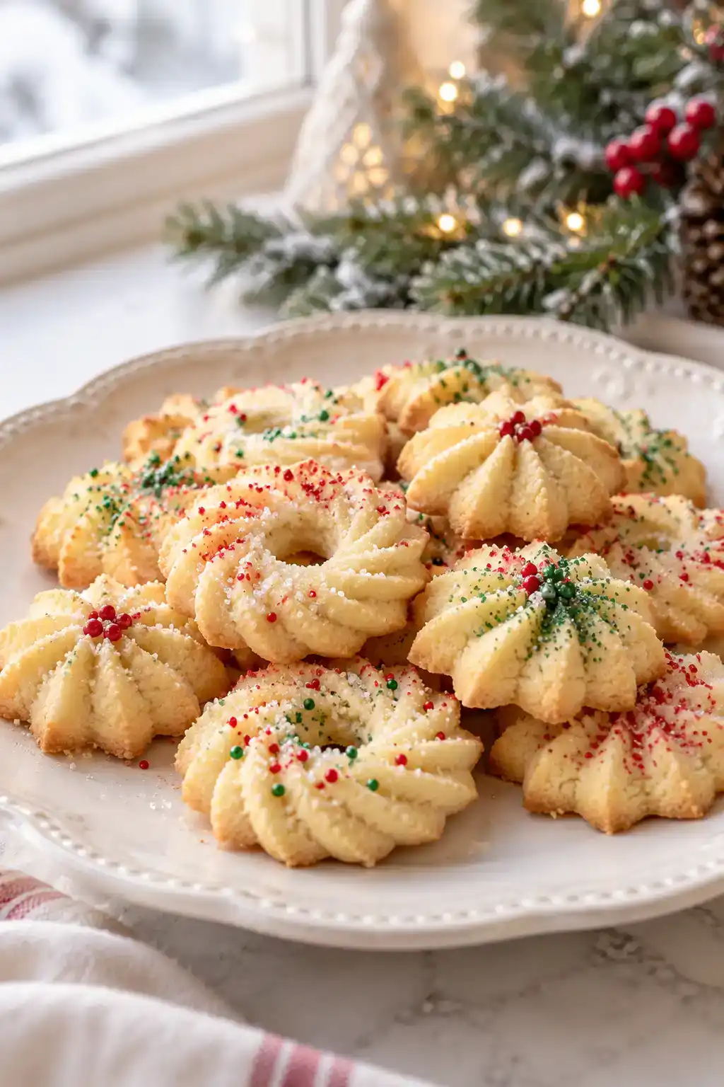 A batch of gluten-free vegan spritz cookies arranged on a ceramic plate.