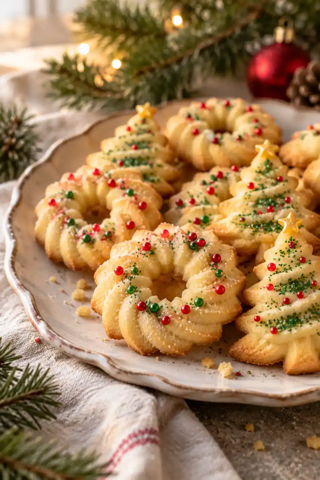 A batch of gold christmas spritz cookies arranged on a ceramic plate.