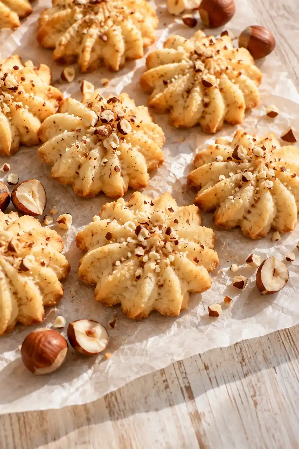 A batch of hazelnut spritz cookies arranged on a ceramic plate.